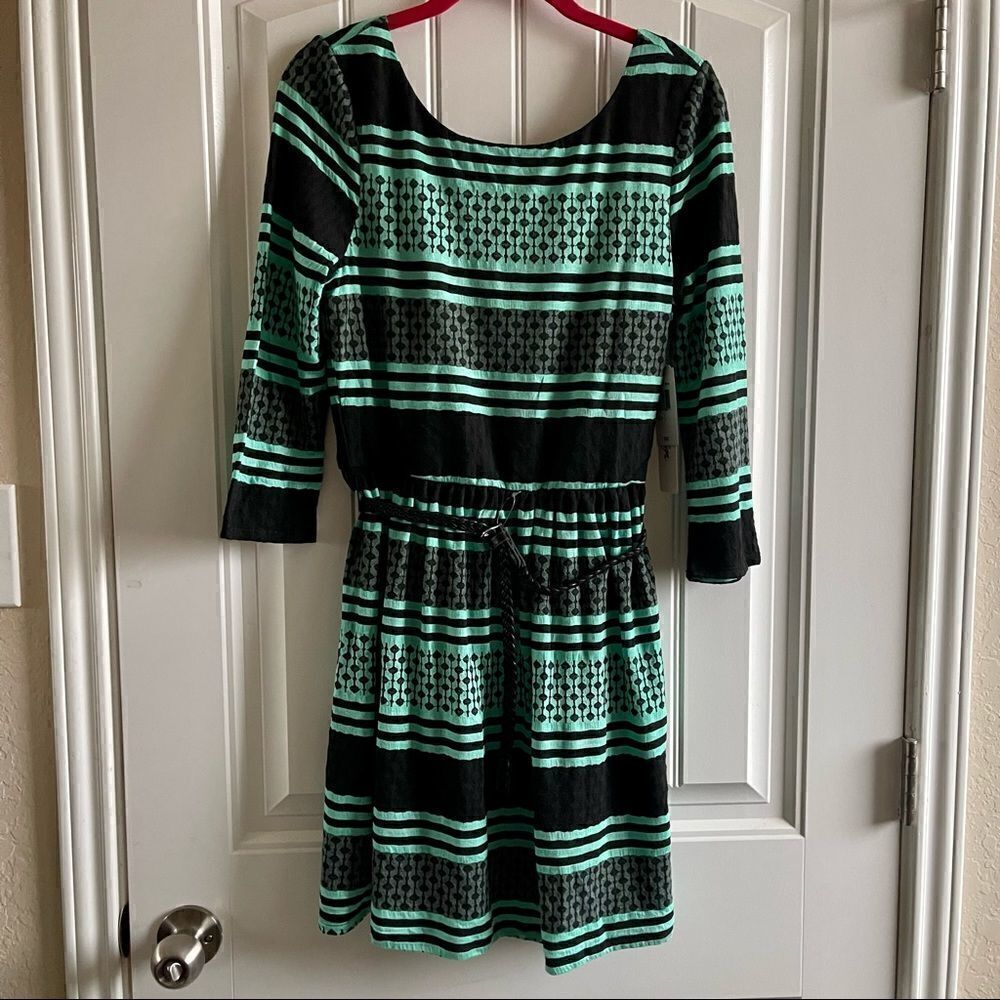 Love Reign Black/Mint Print 3/4 Sleeve Skater Midi Dress; SZ L; BNWT